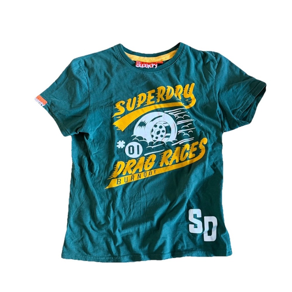 Superdry T-Shirt Men Green Drag Races Burnout 01 SD Crew Neck Medium Soft Thick